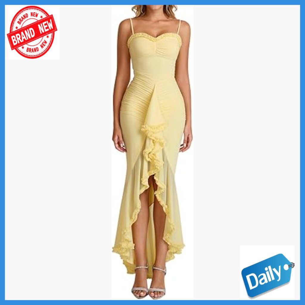 Formal Maxi Bodycon Dress With Ruffle Hem And Thigh Slit